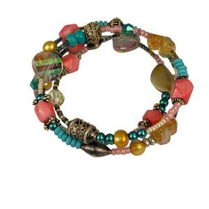 Colorful Beaded Multi-Strand Stretch Bracelet With Mixed Gemstone Accents
